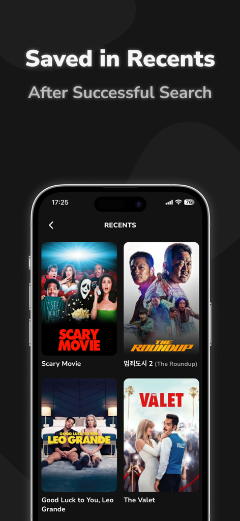 Movie Finder by Image or Video - Flicksアプリの画面。最近特定された映画やシリーズの履歴が表示されています。