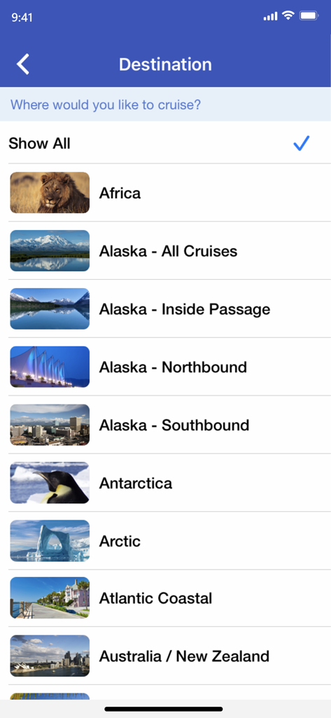 Cruise Finder by iCruise.com - A list of global cruise destinations in the Cruise Finder app including Alaska and Antarctica