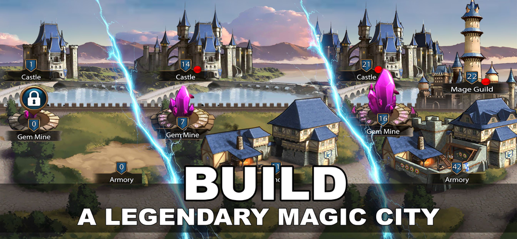overview of a legendary magic city with castles and gem mines in era of magic wars