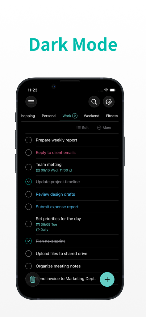 Minimal Tabbed ToDo List - Interfaz de la Lista de Tareas Minimalista con Pestañas en modo oscuro mostrando tareas de trabajo organizadas y pestañas codificadas por colores
