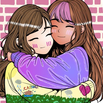 realistic two girls hugging