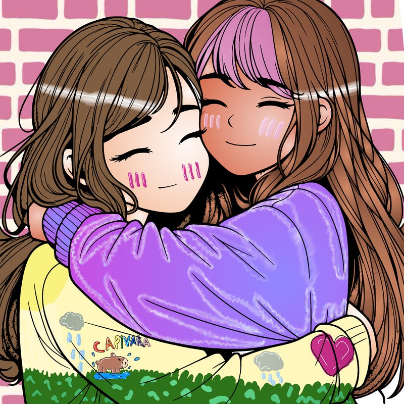 realistic two girls hugging