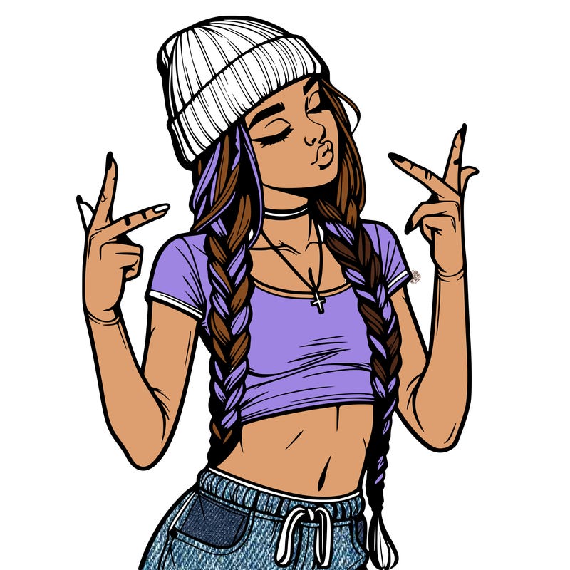 realistic teenage girl with braids and a beanie and crop top doing 🫶🏼