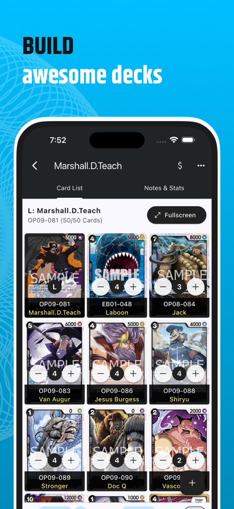 OP TCG Dex - Una interfaz de aplicación móvil de OP TCG Dex mostrando la construcción de un mazo personalizado de One Piece Trading Card Game con cartas de Marshall D. Teach.