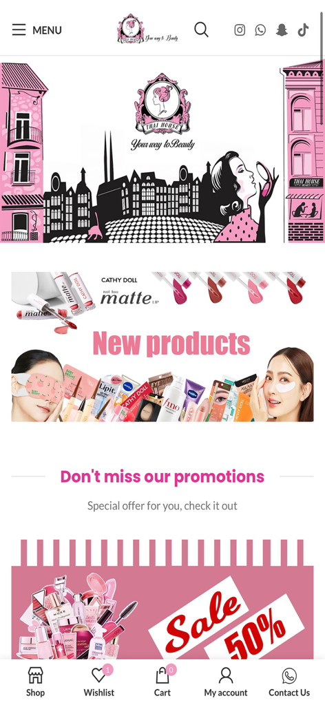 Thai House Cosmetic - Thai House Cosmetic mobile app home screen featuring new Thai beauty products and a fifty percent off sale banner.