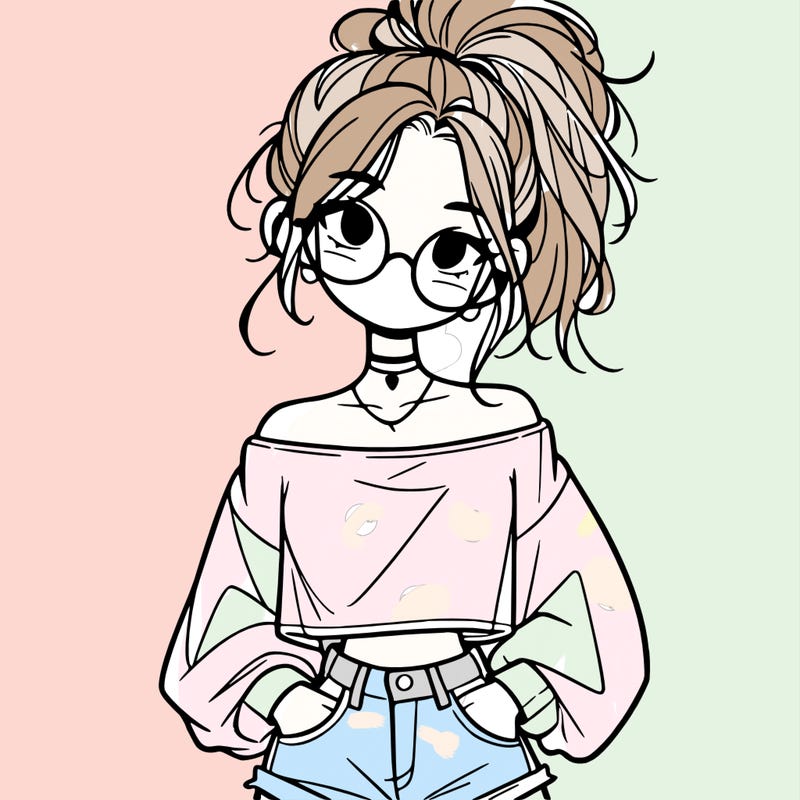 girl with a messy ponytail glasses a baggy crop top and jean shorts
