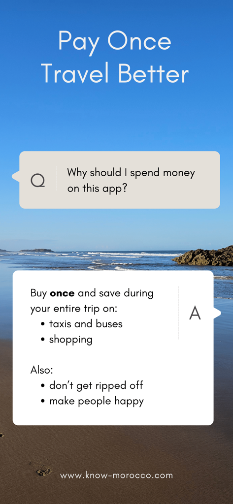 Know Morocco Travel Phrases - モロッコ旅行フレーズ集アプリのプロモーショングラフィック。一度の支払いが、旅行者が交通費や買い物を節約し、詐欺を回避するのにどのように役立つかを説明しています。