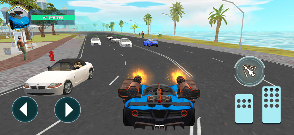 City War: Street Battle - 二連装銃を搭載した青い戦闘車が海岸沿いの都市道路を走行している