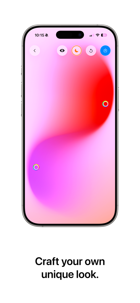 Radiance Wallpapers - iPhone screen displaying the Radiance Wallpapers app interface for creating a custom pink and red mesh gradient with interactive color handles.
