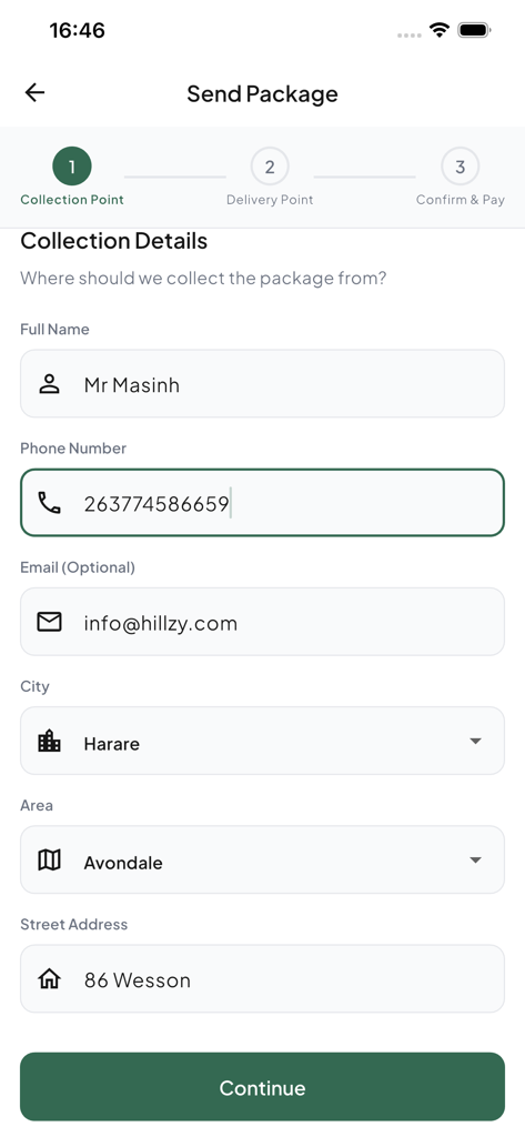 MOBIS Delivery - Captura de tela do aplicativo MOBIS Delivery mostrando o formulário de detalhes de coleta ao enviar um pacote no Zimbábue