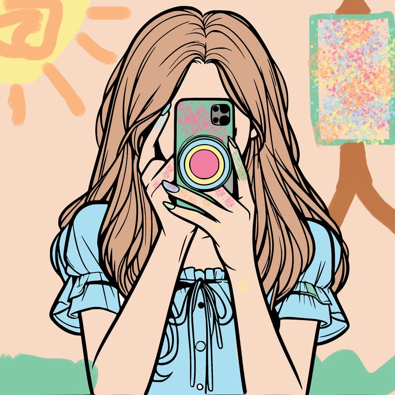 a realistic girl holding her phone taking pictures
