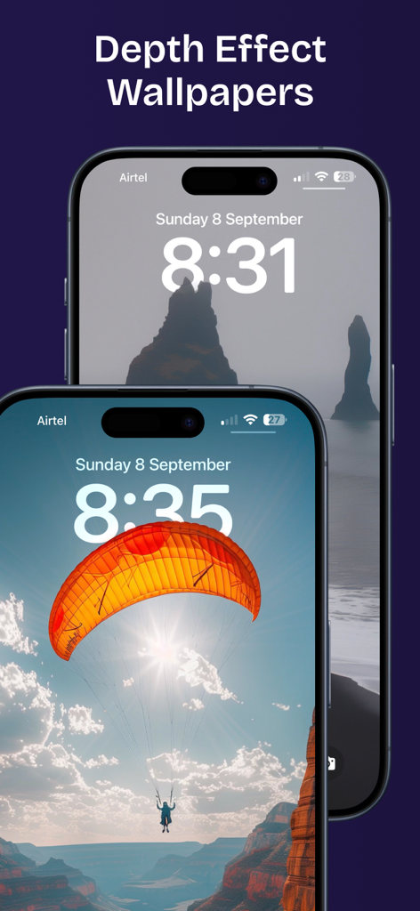 Two iPhones showcasing depth effect wallpapers on their lock screens