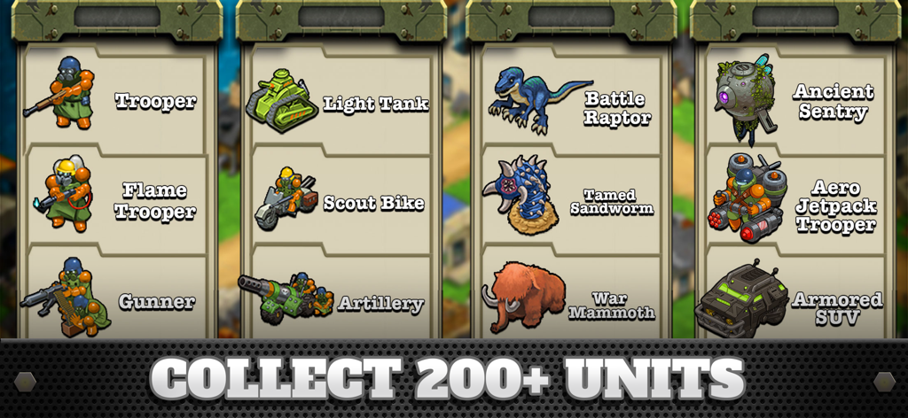 A menu showing various units in Battle Nations including soldiers, tanks, a battle raptor, and a war mammoth with text stating collect 200 plus units