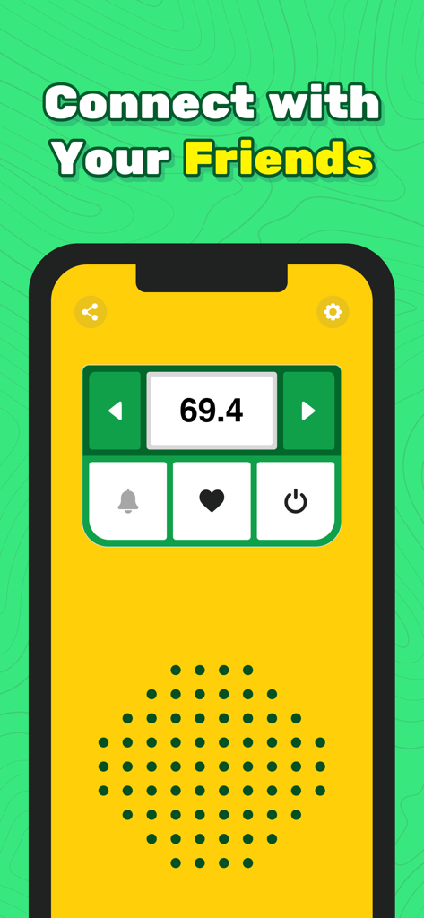Walkie Talkie Intercom App - Interface de talkie-walkie numérique avec un design jaune et vert et le texte Connect with Your Friends.