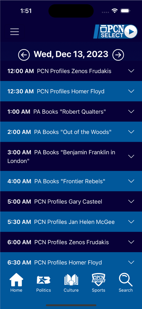 O aplicativo móvel PCN Select exibindo uma programação de televisão diária para programas de política e cultura da Pensilvânia