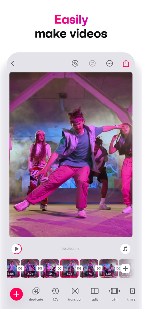 Mobile app interface of Bazaart showing video editing features with a timeline of dance clips.