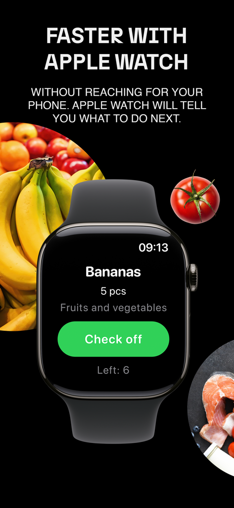 Shoplist - Your shopping list - Shoplist grocery app interface on an Apple Watch displaying bananas with a check off button