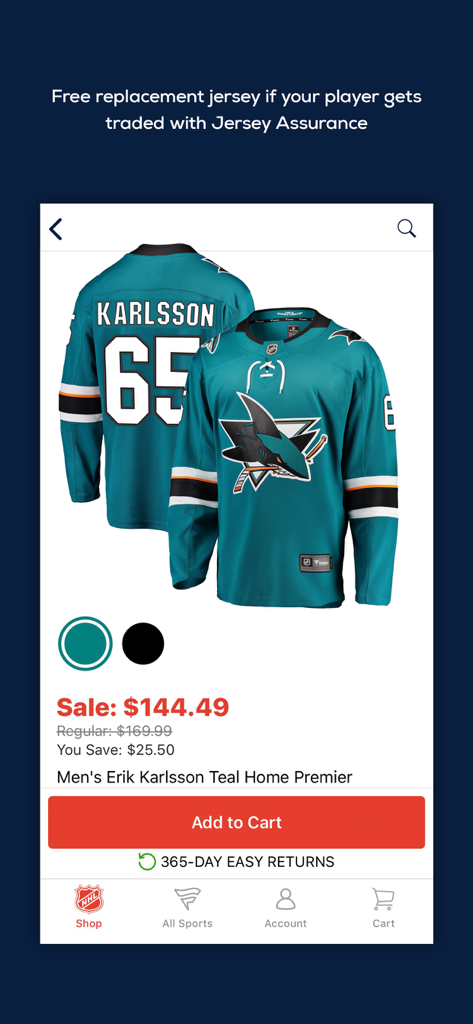 Fanatics NHL Shop - Produktseite für ein San Jose Sharks Erik Karlsson Trikot im Fanatics NHL Shop mit einem Jersey-Versicherungsangebot