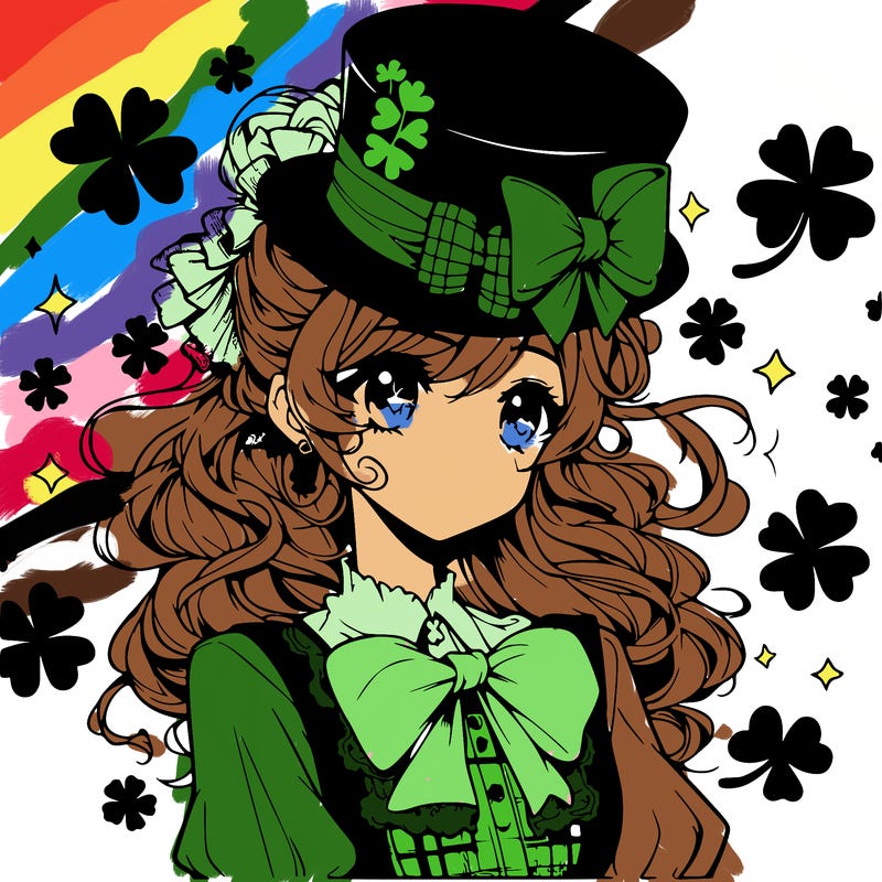 a manga-style girl with clovers around her, a little hat in her hair, like it's saint patrick's day