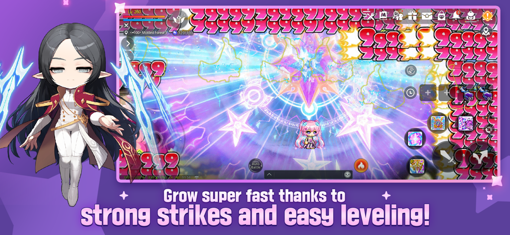 MapleStory M gameplay showing explosive star skills and fast leveling text with an anime character.