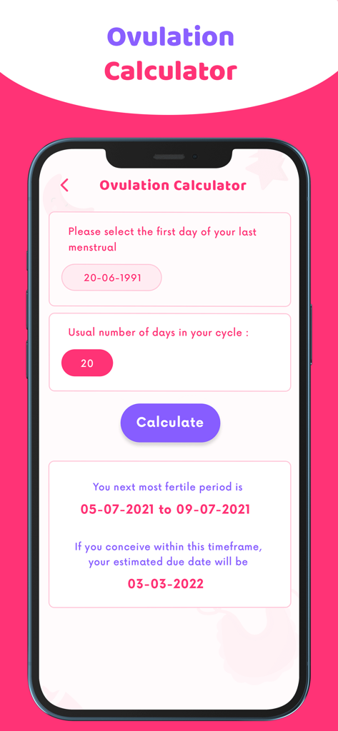 Baby Gender Reveal & Predictor - 임신 계획을 위한 생리 날짜 및 예상 출산 날짜를 보여주는 배란 계산기 화면