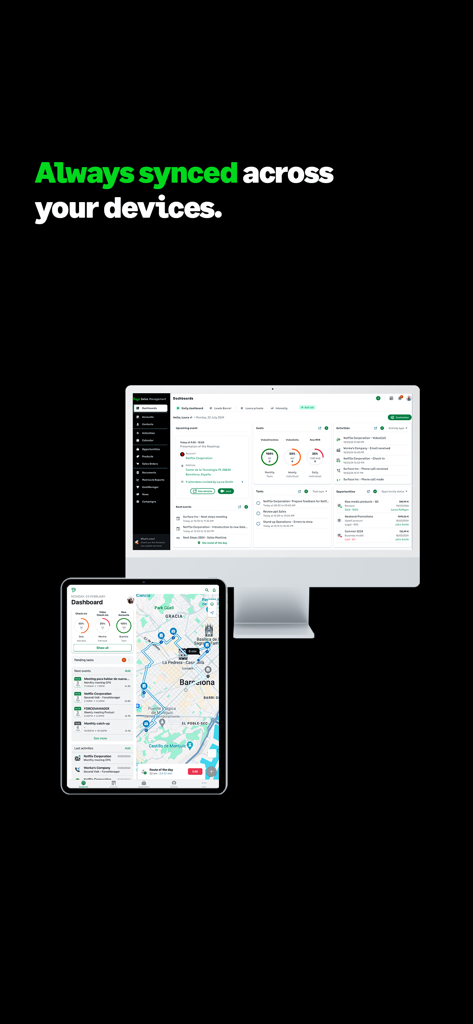 Sage Sales Management app interface displayed on a desktop monitor and tablet showing data synchronization across devices.