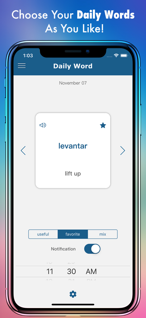 Spanish Plus Dict & Translator - Interface of the Spanish Plus app showing a daily word card for levantar with its English translation and notification settings