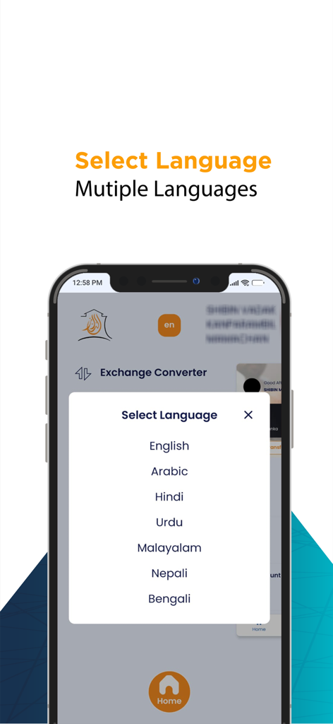 ALDAR FOR EXCHANGE WORKS - Aldar Exchange app screen showing language selection options including English Arabic and Hindi