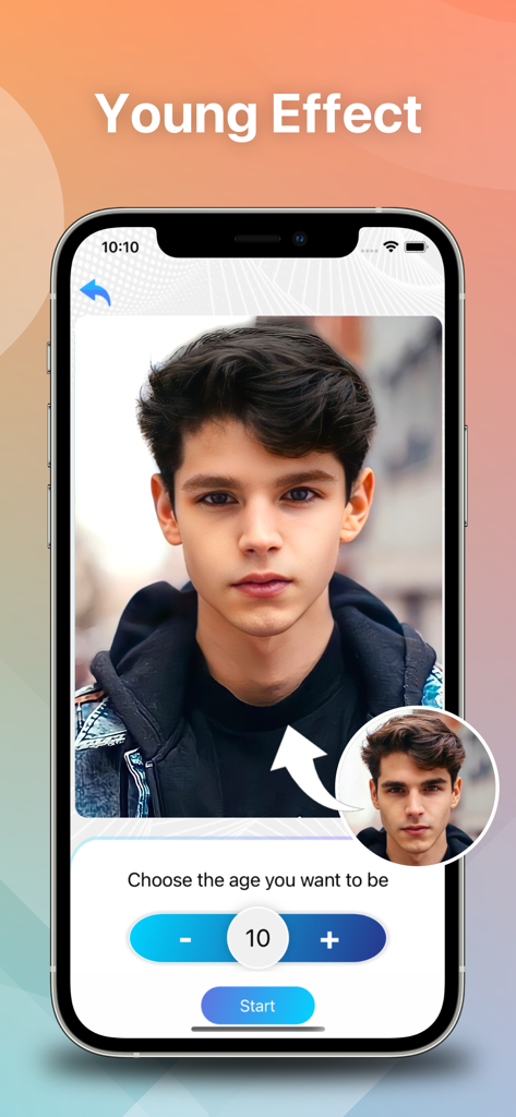 Interface da aplicação Transformação de Cabelo com IA demonstrando a funcionalidade de transformação de idade com Efeito Jovem