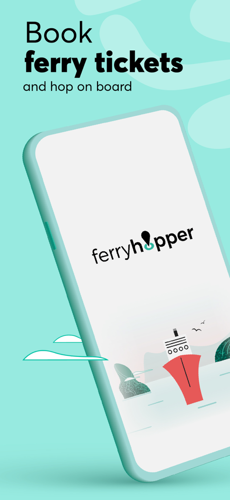 Ferryhopper - Pantalla de inicio de la aplicación móvil Ferryhopper que muestra una ilustración de ferry y texto para reservar billetes de ferry