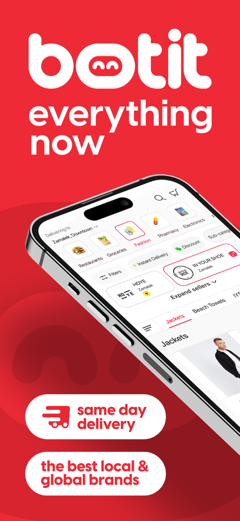 Botit - Botit mobile app interface showing various shopping categories and same day delivery feature