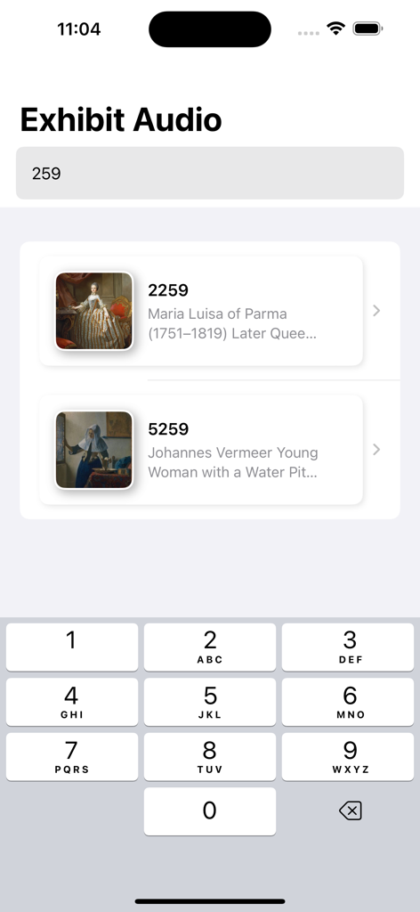 Met Tour Guide app interface showing search results for museum exhibits by audio number
