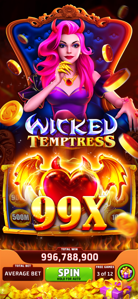 Captura de pantalla del juego móvil Jackpot Crush que muestra la máquina tragaperras Wicked Temptress con una ganancia multiplicadora de 99x y monedas de oro cayendo