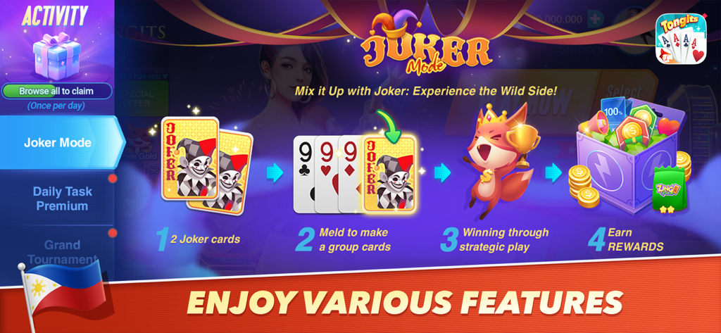 Graphic showing the Joker Mode gameplay steps and rewards in the Tongits ZingPlay card game