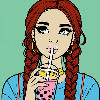 realistic girl with braided hair drinking boba
