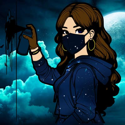 realistic girl with mask spray painting a wall
