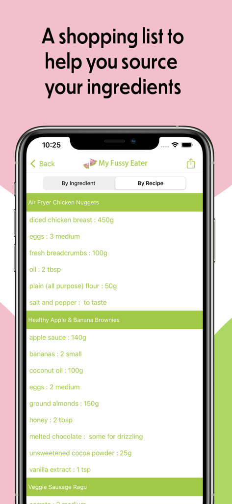 A shopping list within the My Fussy Eater app showing ingredients organized by recipe