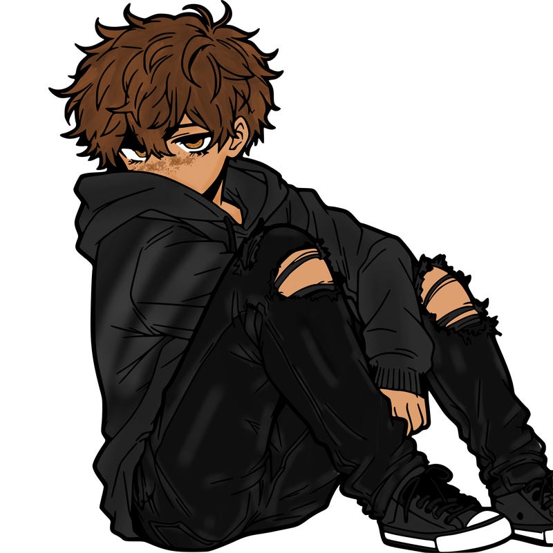 a male hoddie ripped jeans messy hair anime