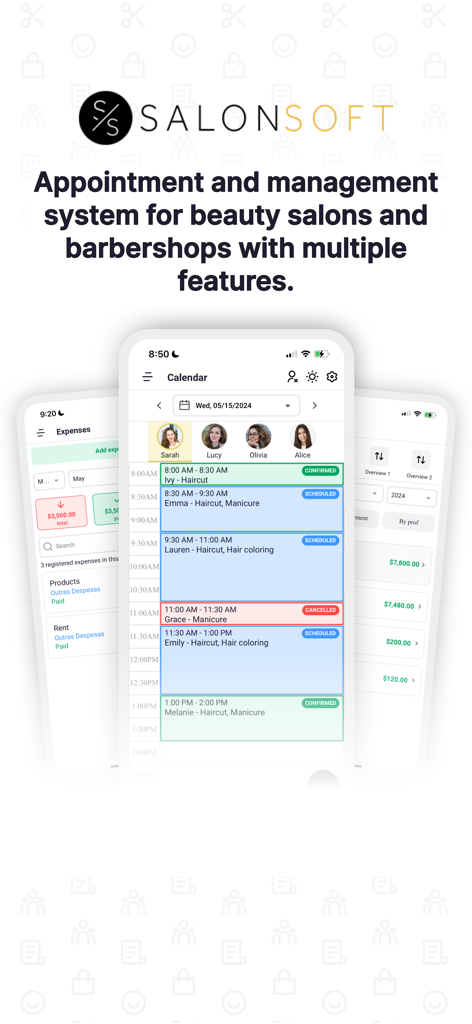 Interfaccia dell'app Salon Soft che mostra le funzionalità di pianificazione degli appuntamenti e gestione finanziaria per saloni e barbieri.