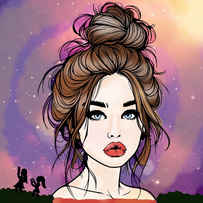 realistic girl with a messy bun and she has lips