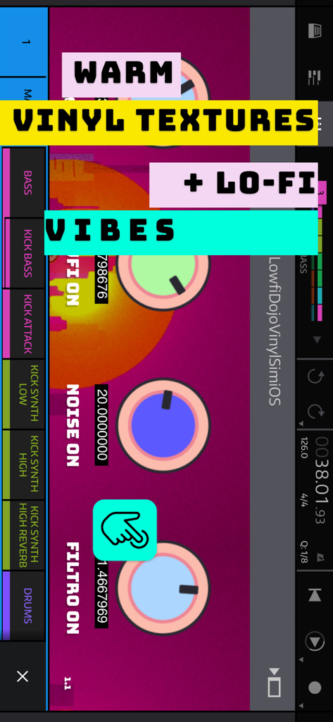 LowfiDojoVinylSimulator - Interface of the Lowfi Dojo Vinyl Simulator AUv3 plugin showing noise and filter controls for lo-fi music production