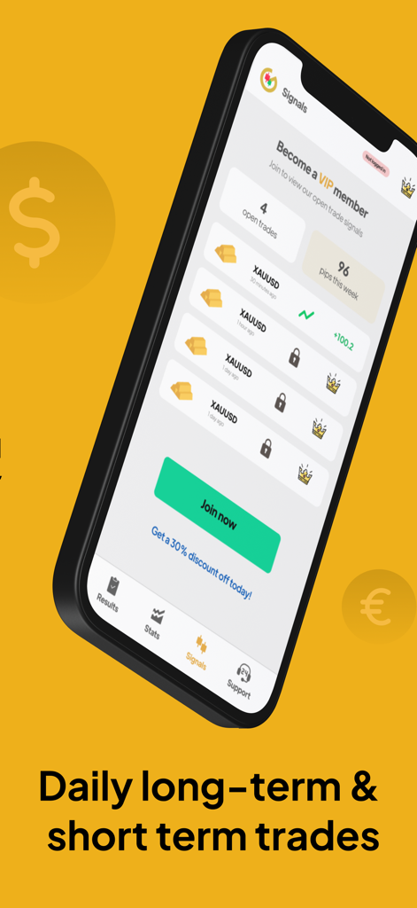 Gold Sniper - XAUUSD Signals - Smartphone screen displaying XAUUSD gold trading signals and VIP membership options in the Gold Sniper app interface