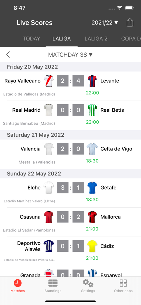 Live scores and matchday results for Spanish La Liga football matches.