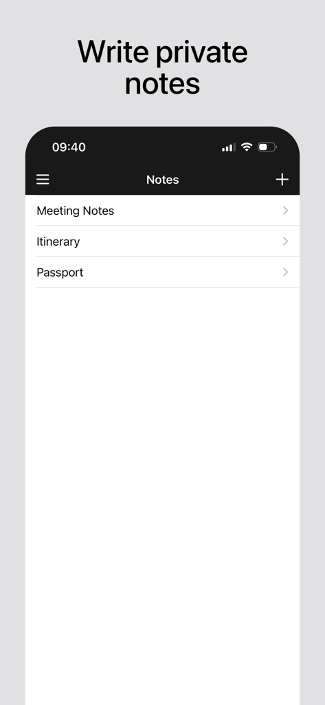 Private Vault – Store Files - A screenshot of the Private Vault app interface showing the private notes section with categories for Meeting Notes, Itinerary, and Passport.