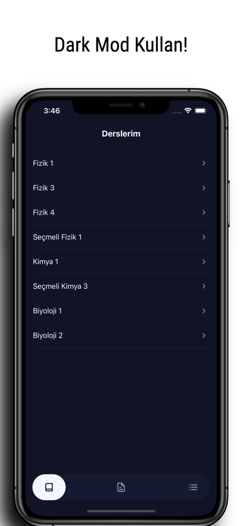 AOL Soru app interface showing the lesson selection screen in dark mode with subjects like physics and chemistry