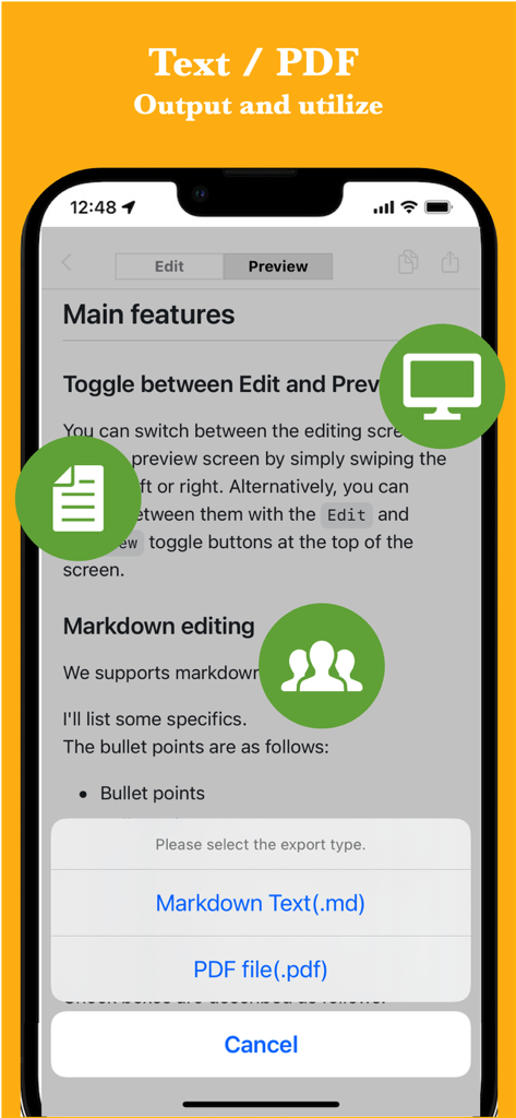 Simple Markdown Editor - Interface of the Simple Markdown Editor app showing export choices for Markdown and PDF files