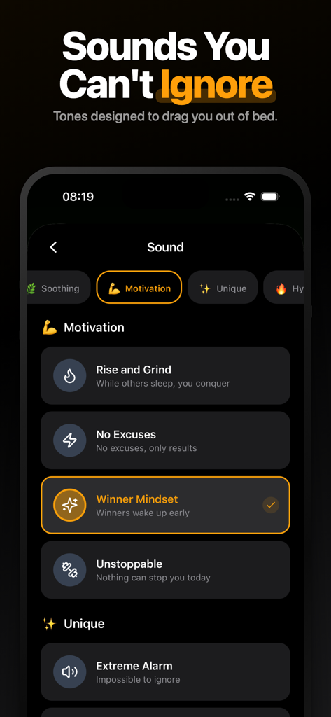 WakeNow: Loud Alarm Clock - WakeNow app interface showing motivational alarm sound options such as Winner Mindset and Rise and Grind