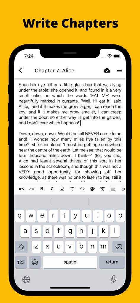 Fortelling - Writer Tools - A smartphone showing the Fortelling app writing editor interface with a novel chapter in progress