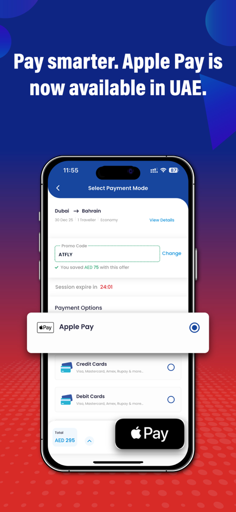 AkbarTravels: Flights & Hotels - Un teléfono móvil que muestra la pantalla de pago de la aplicación Akbar Travels con Apple Pay seleccionado para una reserva de vuelo de Dubái a Baréin
