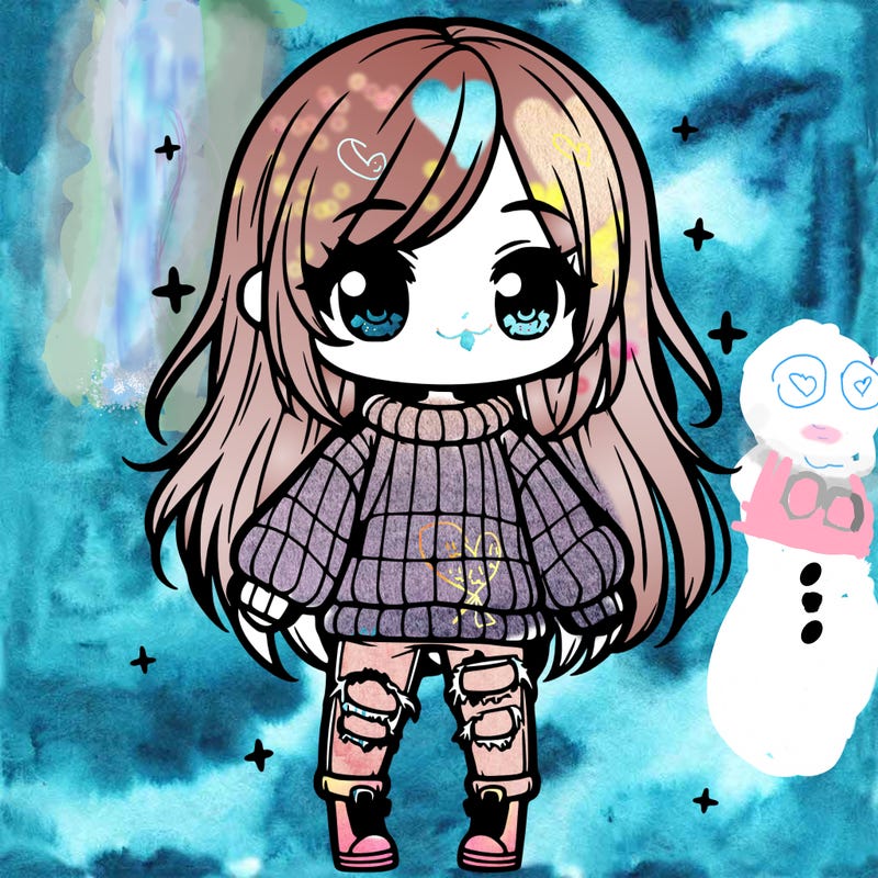 chibi girl with ripped jeans,long hair, and an oversized sweater